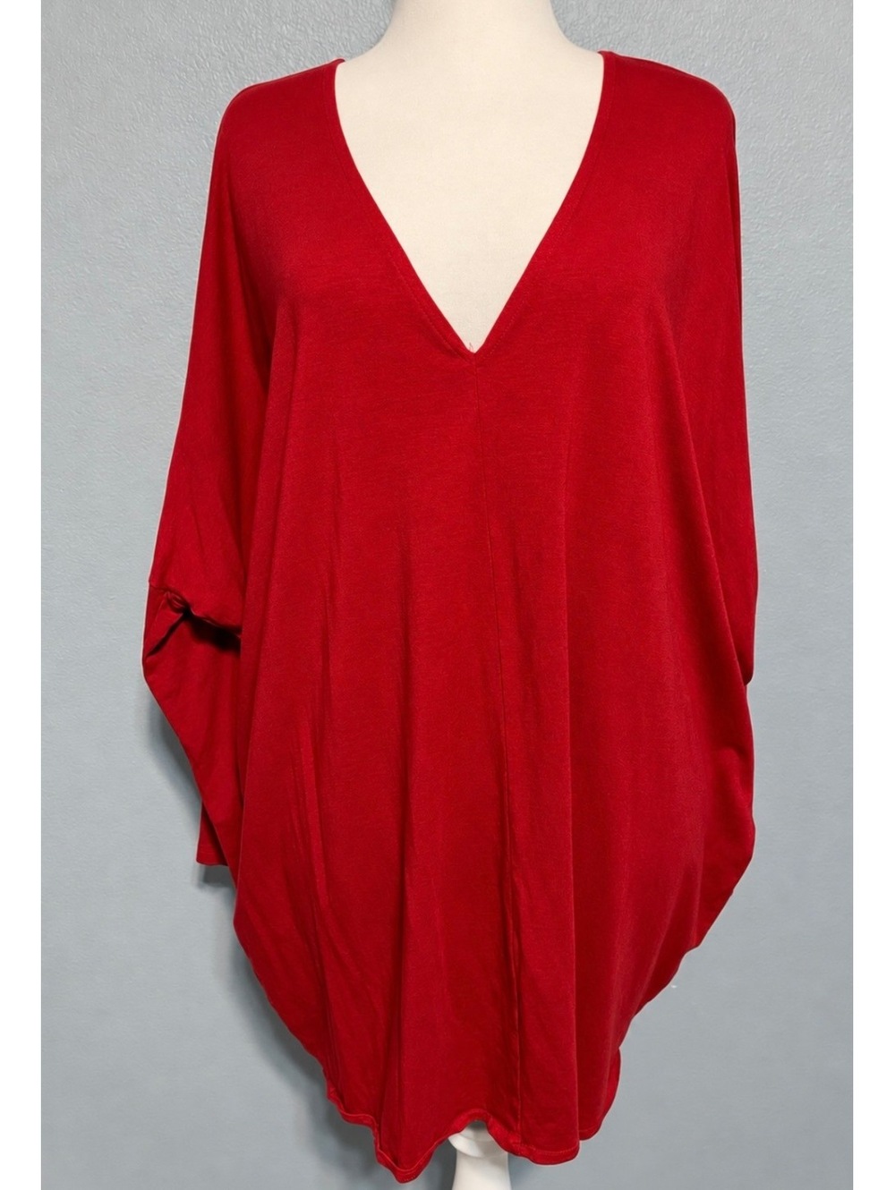 Bryn Walker Red Bamboo Tunic Top V Neck Dolman Batwing Lagenlook Oversized Large